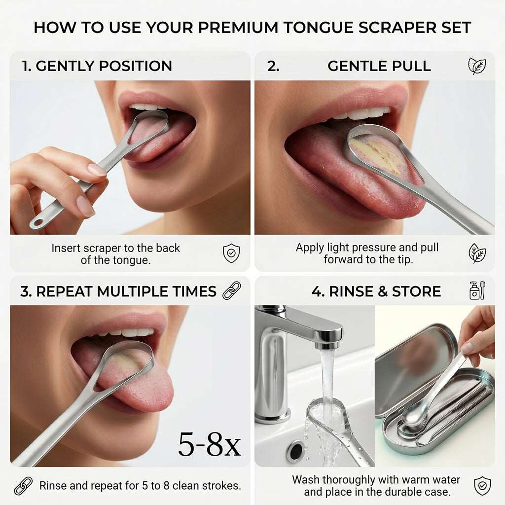 Premium Stainless Steel Tongue Scraper Set – 3-in-1 Oral Hygiene Kit for Fresh Breath