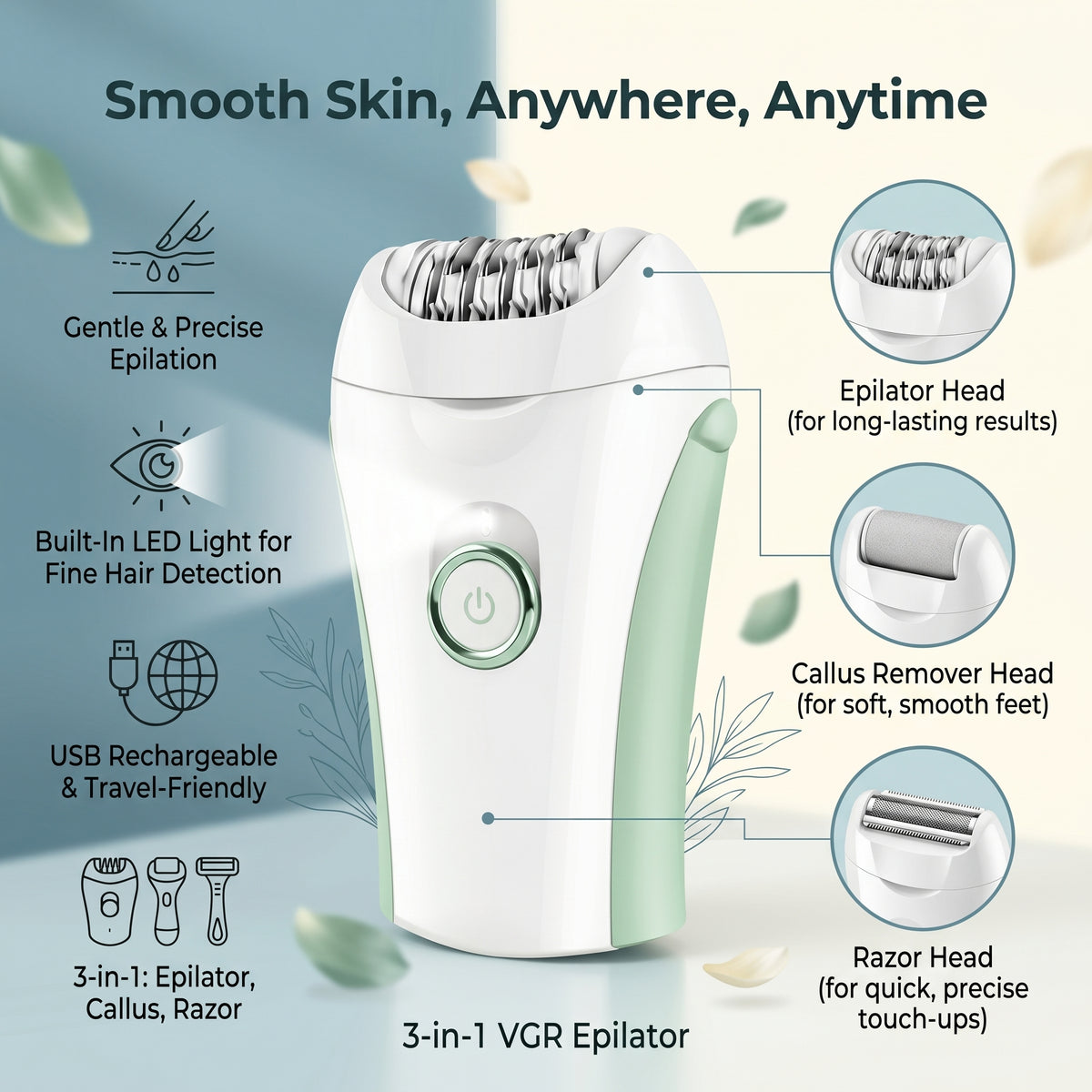3-in-1 VGR Epilator – Facial & Body Hair Removal, USB Rechargeable