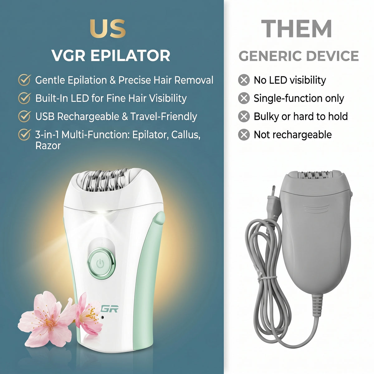 3-in-1 VGR Epilator – Facial & Body Hair Removal, USB Rechargeable