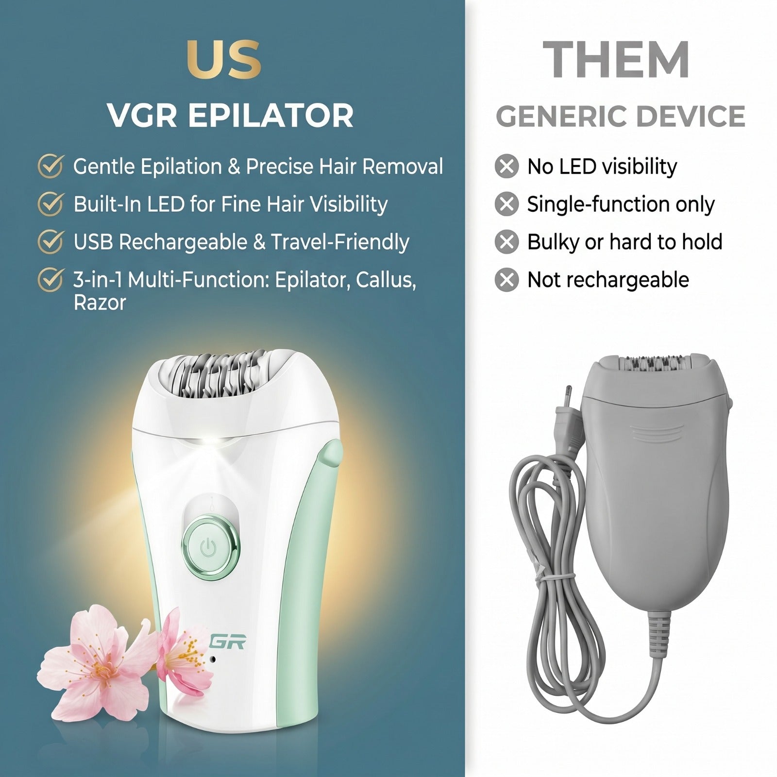 3-in-1 VGR Epilator – Facial & Body Hair Removal, USB Rechargeable