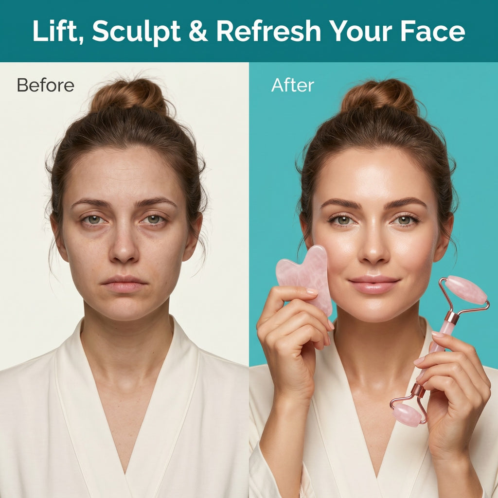 Rose Quartz Facial Roller & Gua Sha – Natural Skin Massage & Anti-Aging Set