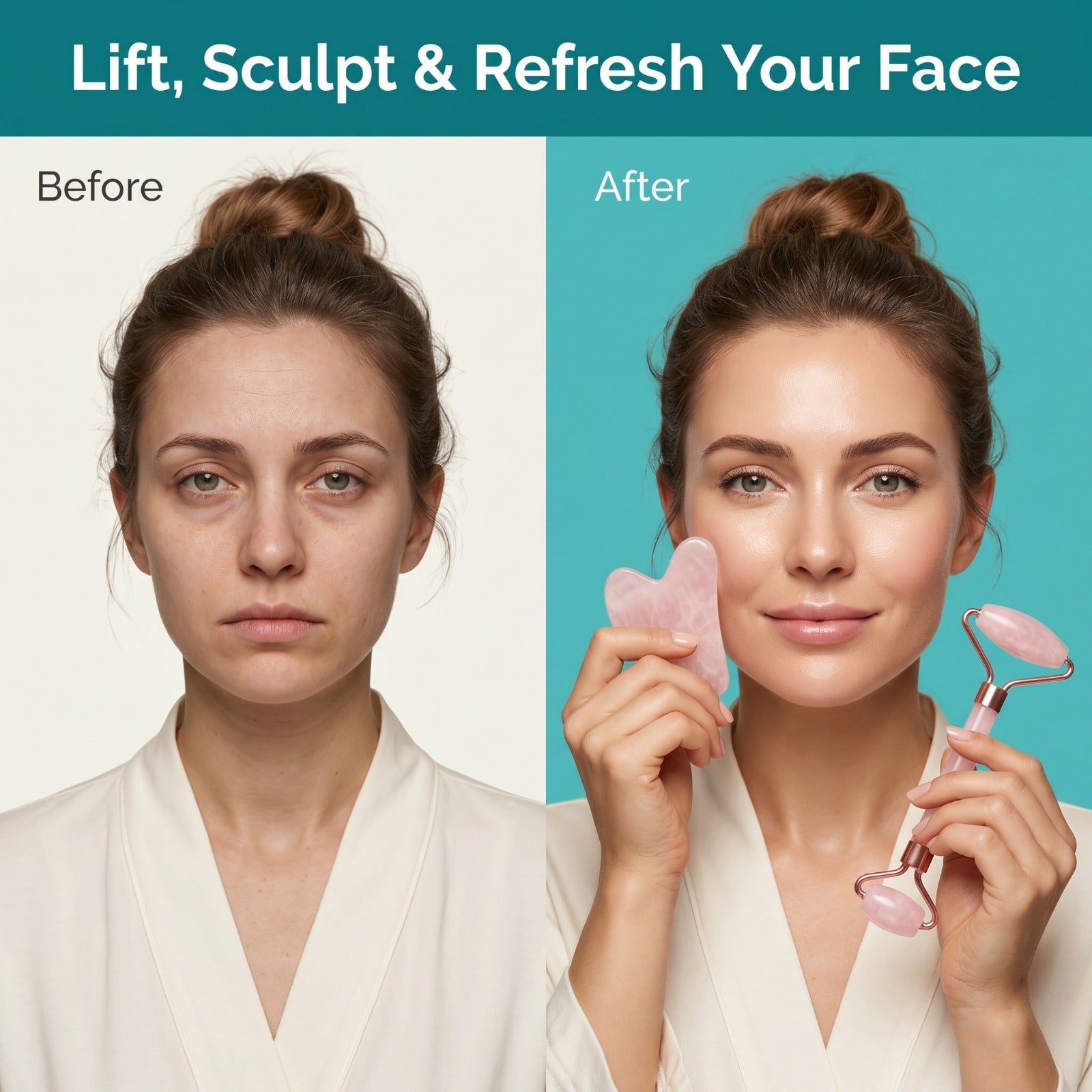 Rose Quartz Facial Roller & Gua Sha – Natural Skin Massage & Anti-Aging Set