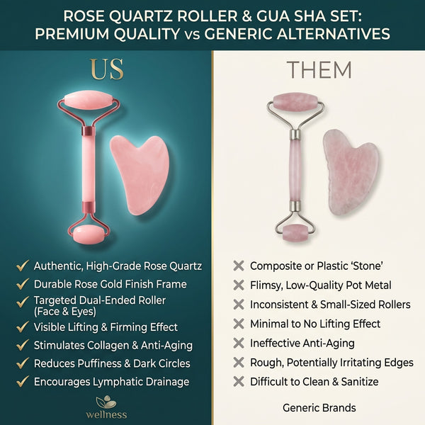 Natural Rose Quartz Jade Roller and Gua Sha Set | Dual-Ended Facial Massager & Heart-Shaped Scraping Plate | Anti-Aging Skin Tightening & Depuffing Beauty Tool Kit
