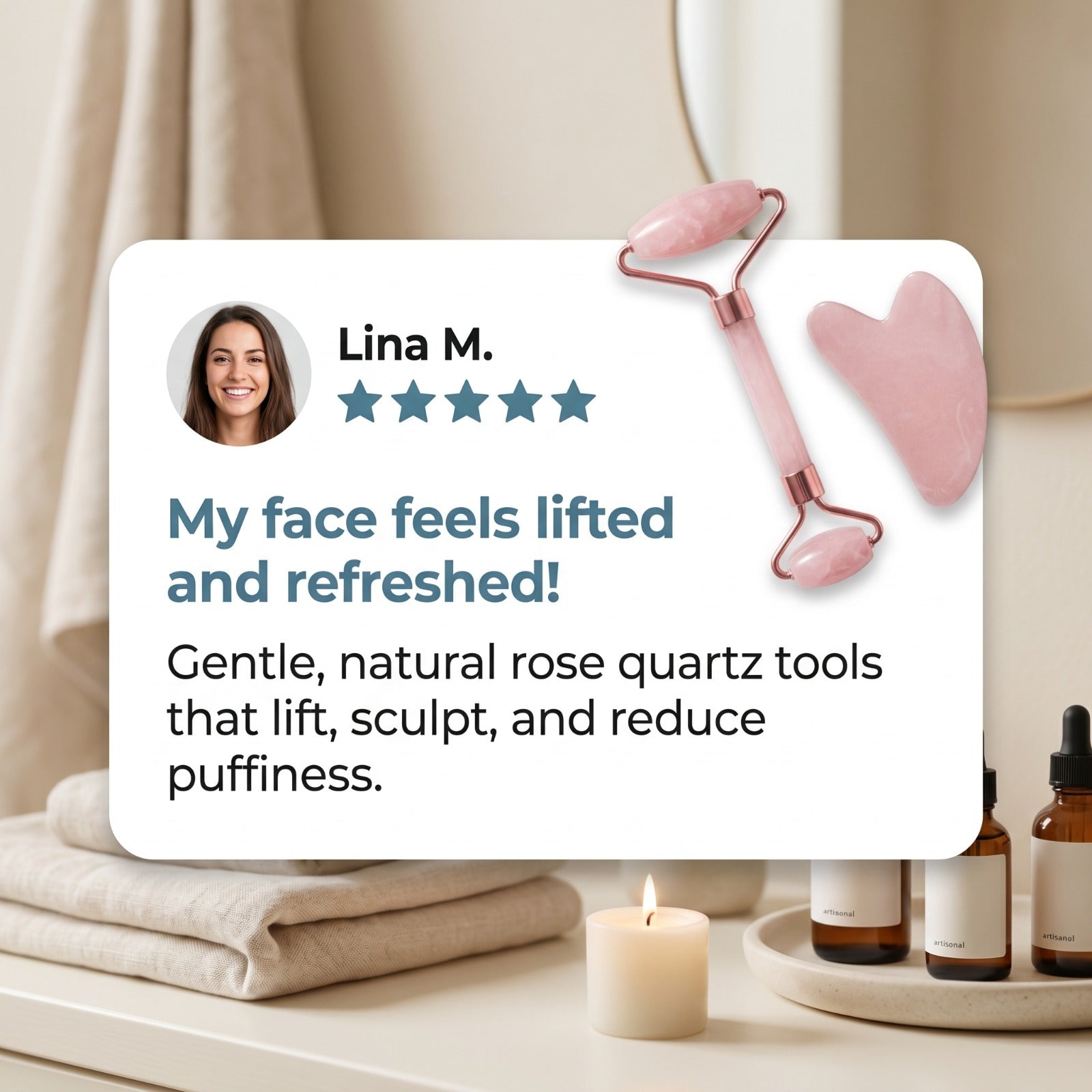 Rose Quartz Facial Roller & Gua Sha – Natural Skin Massage & Anti-Aging Set