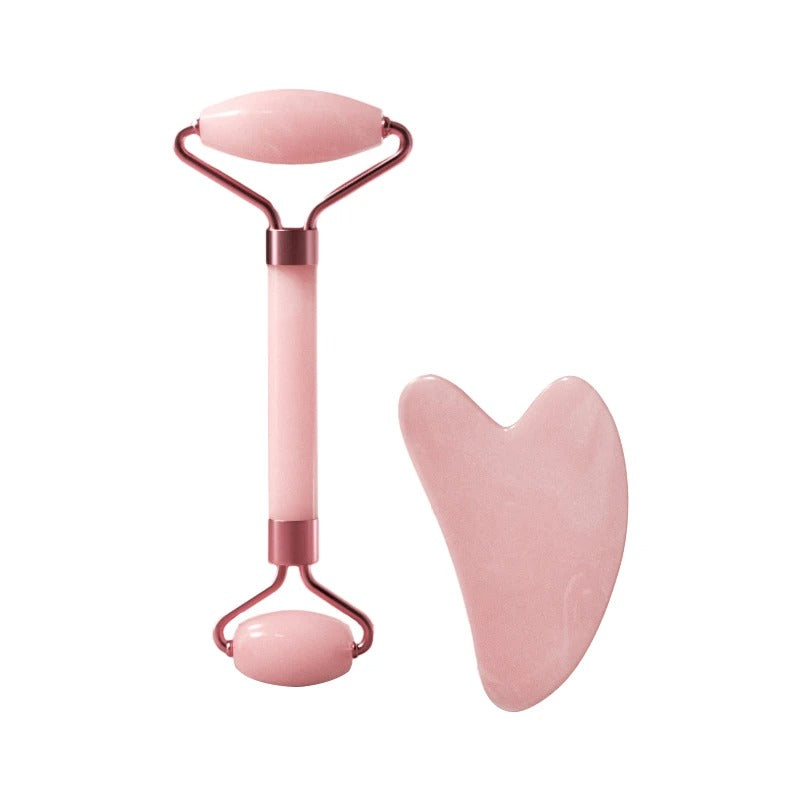 Natural Rose Quartz Jade Roller and Gua Sha Set | Dual-Ended Facial Massager & Heart-Shaped Scraping Plate | Anti-Aging Skin Tightening & Depuffing Beauty Tool Kit
