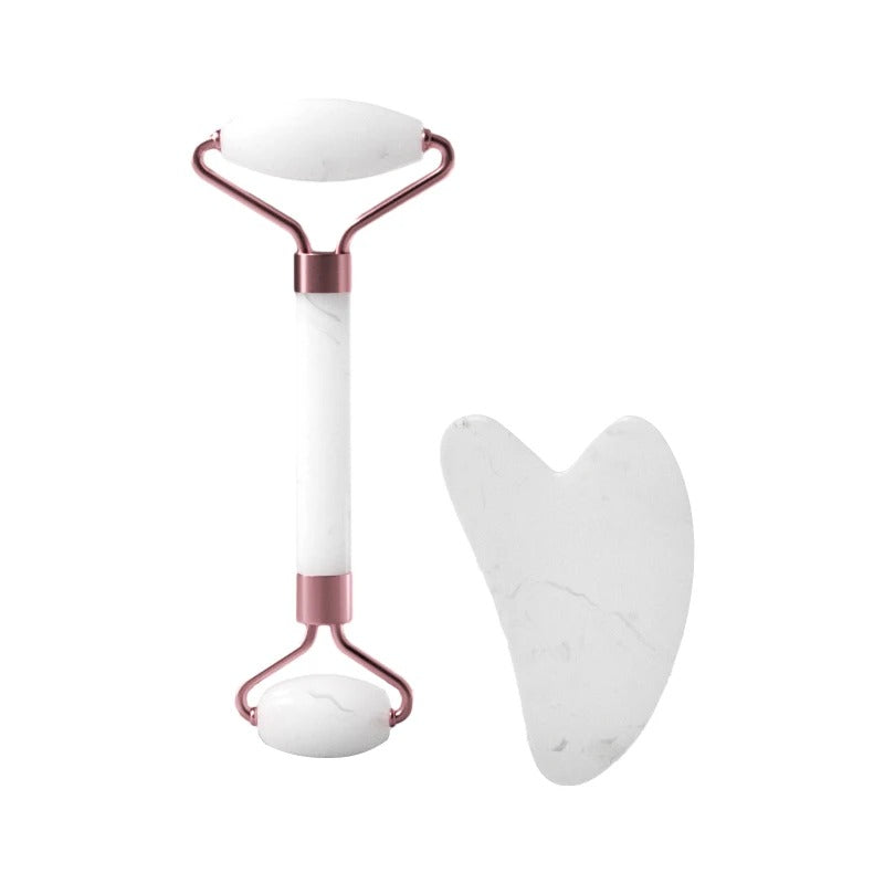 Natural Rose Quartz Jade Roller and Gua Sha Set | Dual-Ended Facial Massager & Heart-Shaped Scraping Plate | Anti-Aging Skin Tightening & Depuffing Beauty Tool Kit