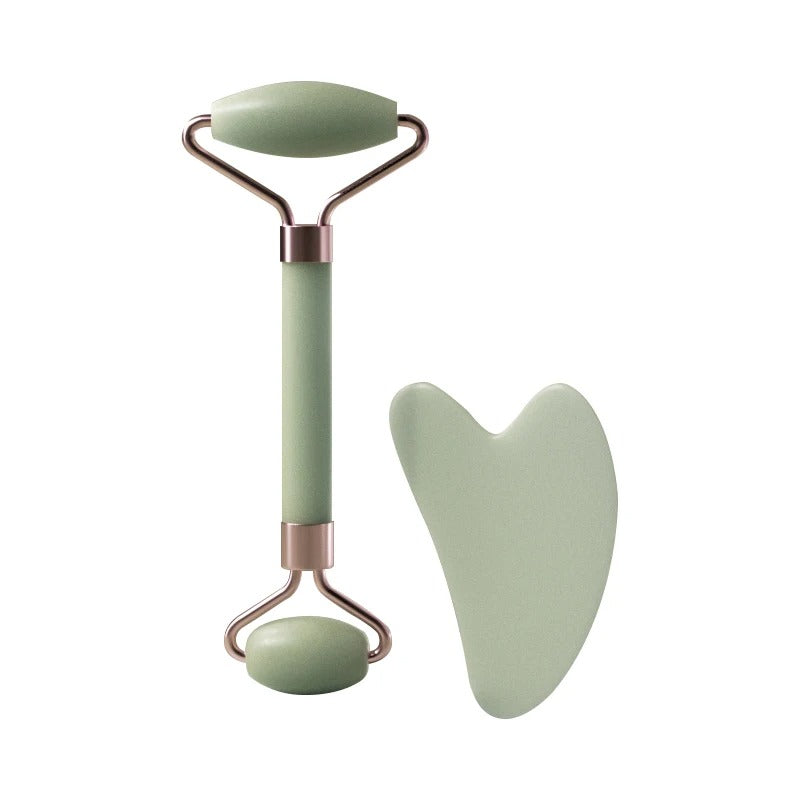 Natural Rose Quartz Jade Roller and Gua Sha Set | Dual-Ended Facial Massager & Heart-Shaped Scraping Plate | Anti-Aging Skin Tightening & Depuffing Beauty Tool Kit