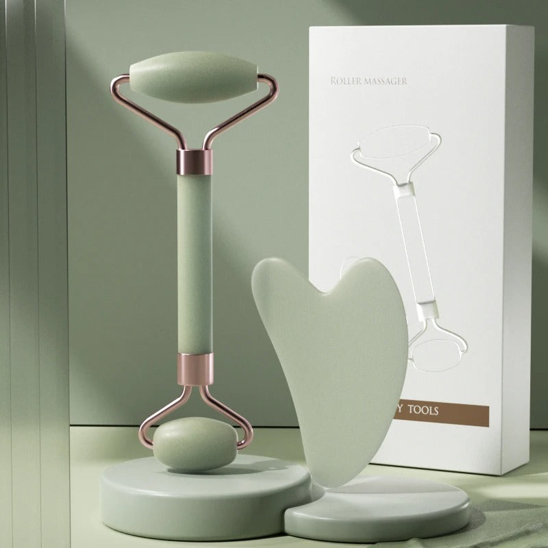 Natural Rose Quartz Jade Roller and Gua Sha Set | Dual-Ended Facial Massager & Heart-Shaped Scraping Plate | Anti-Aging Skin Tightening & Depuffing Beauty Tool Kit
