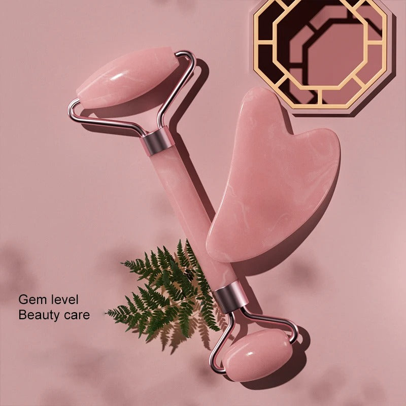 Natural Rose Quartz Jade Roller and Gua Sha Set | Dual-Ended Facial Massager & Heart-Shaped Scraping Plate | Anti-Aging Skin Tightening & Depuffing Beauty Tool Kit