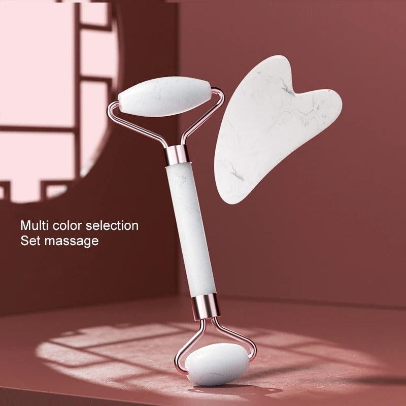Natural Rose Quartz Jade Roller and Gua Sha Set | Dual-Ended Facial Massager & Heart-Shaped Scraping Plate | Anti-Aging Skin Tightening & Depuffing Beauty Tool Kit