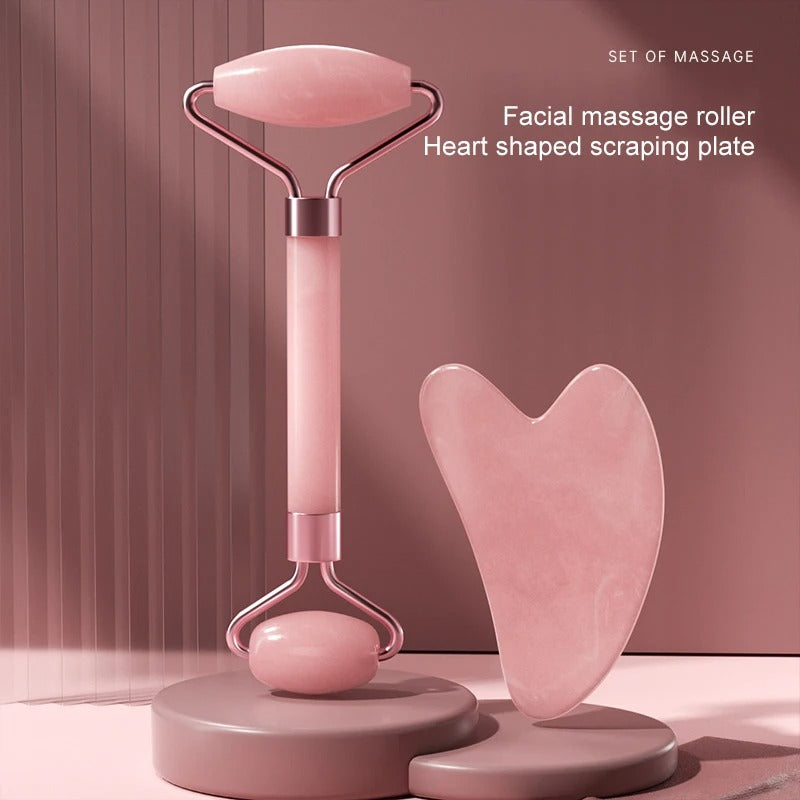 Natural Rose Quartz Jade Roller and Gua Sha Set | Dual-Ended Facial Massager & Heart-Shaped Scraping Plate | Anti-Aging Skin Tightening & Depuffing Beauty Tool Kit