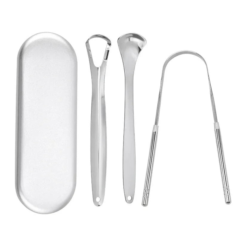 3-Piece Stainless Steel Tongue Scraper Set | Medical-Grade Oral Tongue Cleaners with Travel Case | Fresh Breath Bad Breath Treatment & Oral Hygiene Kit for Adults & Kids