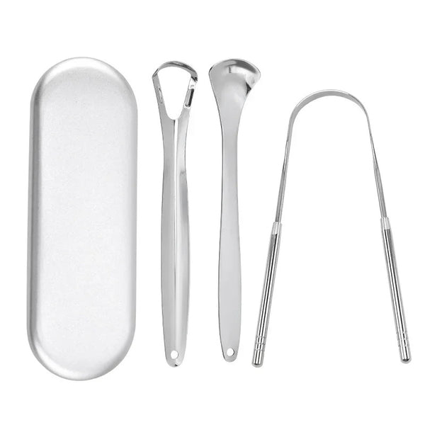 Premium Stainless Steel Tongue Scraper Set – 3-in-1 Oral Hygiene Kit for Fresh Breath