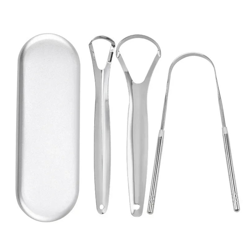 3-Piece Stainless Steel Tongue Scraper Set | Medical-Grade Oral Tongue Cleaners with Travel Case | Fresh Breath Bad Breath Treatment & Oral Hygiene Kit for Adults & Kids