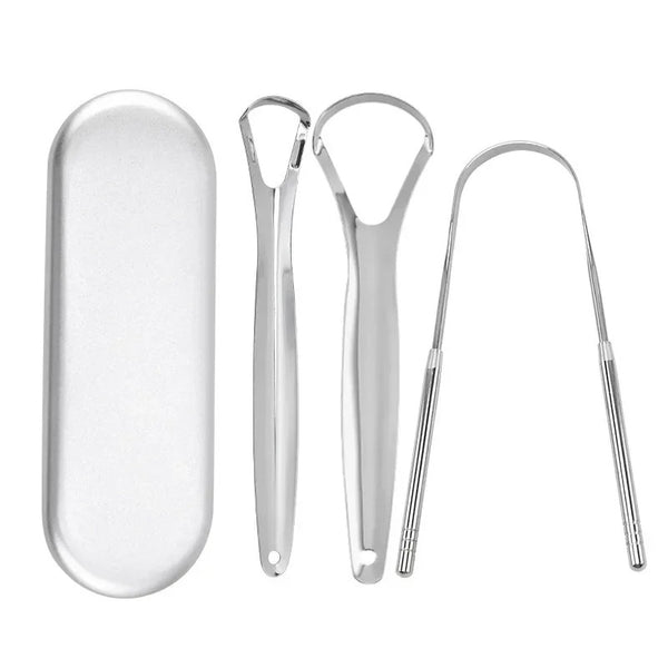3-Piece Stainless Steel Tongue Scraper Set | Medical-Grade Oral Tongue Cleaners with Travel Case | Fresh Breath Bad Breath Treatment & Oral Hygiene Kit for Adults & Kids